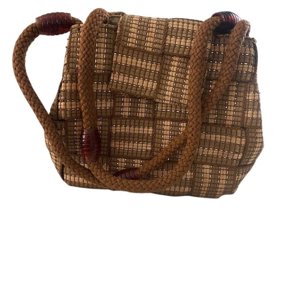 Vintage M & G Bertini Womens Woven Satchel Handbag Brown Tan Beaded Snap